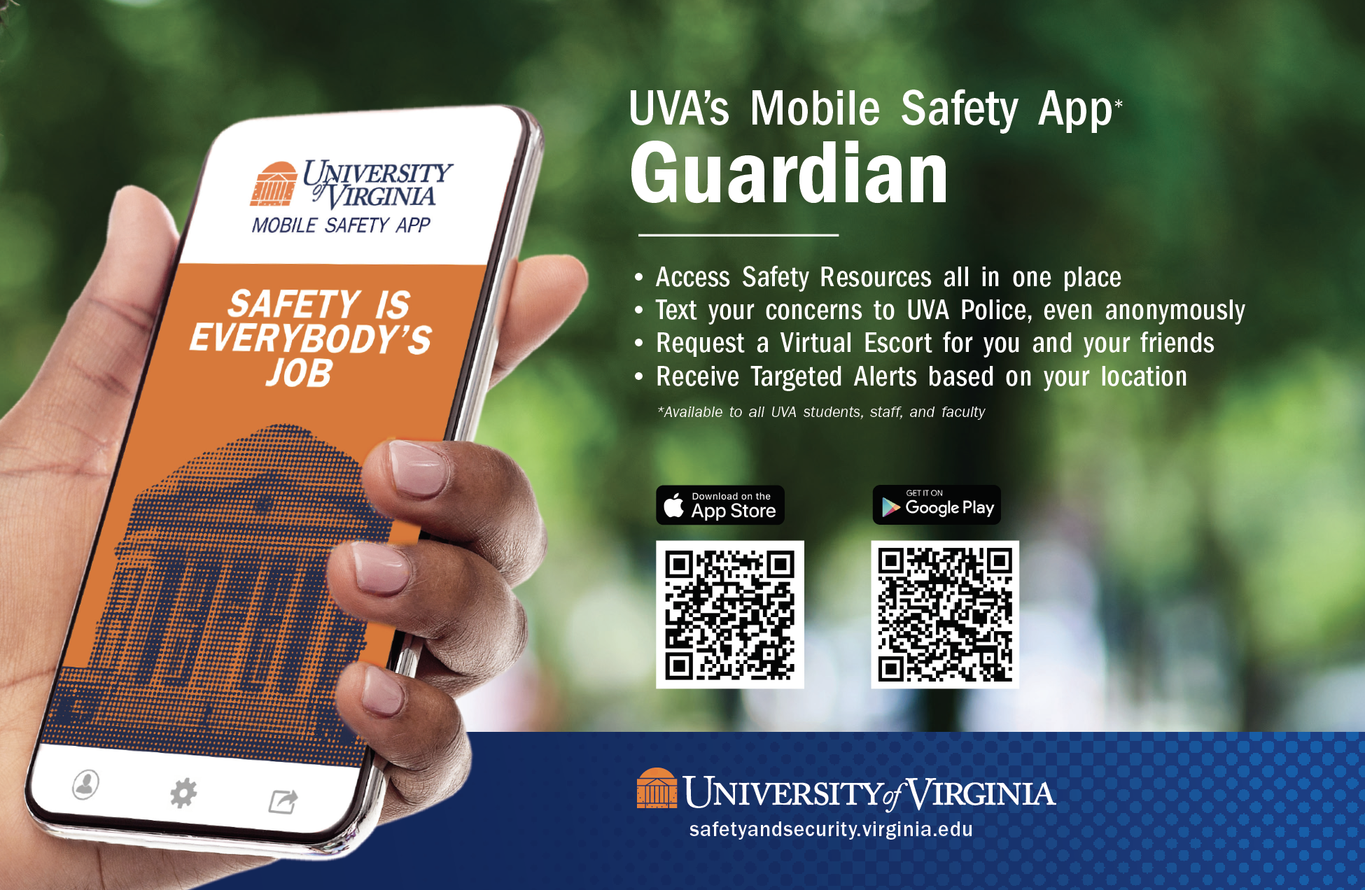 A hand holds a mobile phone with the message "safety is everybody's job" next to information about the features of the safety app Guardian
