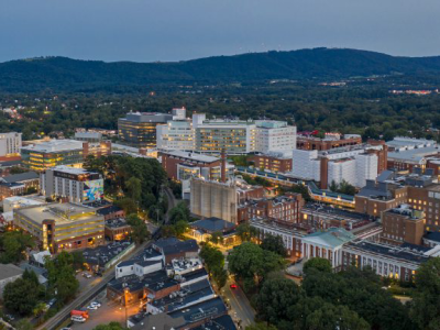 Arial view of UVA Health System at night