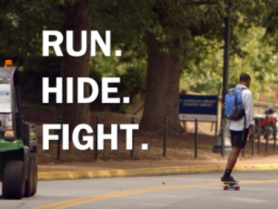 run hide fight text next to student riding scooter